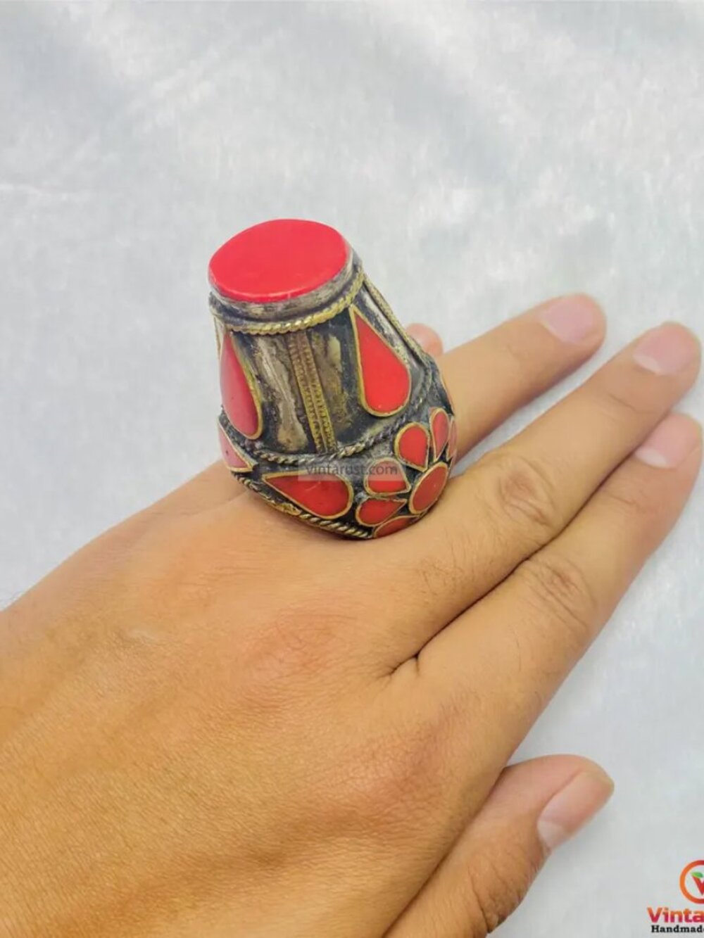 Vintage Kuchi Afghan Ring: Red Handmade Tribal Jewelry
